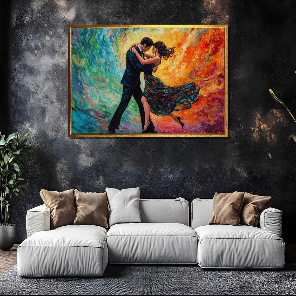 Passionate Couple Dancing In A Swirl Of Teal Orange And Red Paint Poster - Image 5