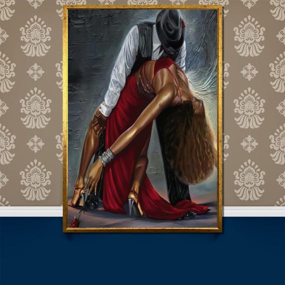 Passionate Tango Dance Painting Romantic Red Dress Artwork Gift For Modern Home Decor And Dance Lovers Wall Art