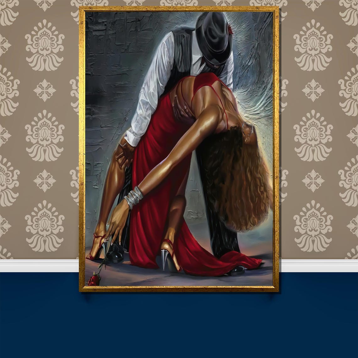 Passionate Tango Couple Dip Dramatic Red Dress Painting Poster