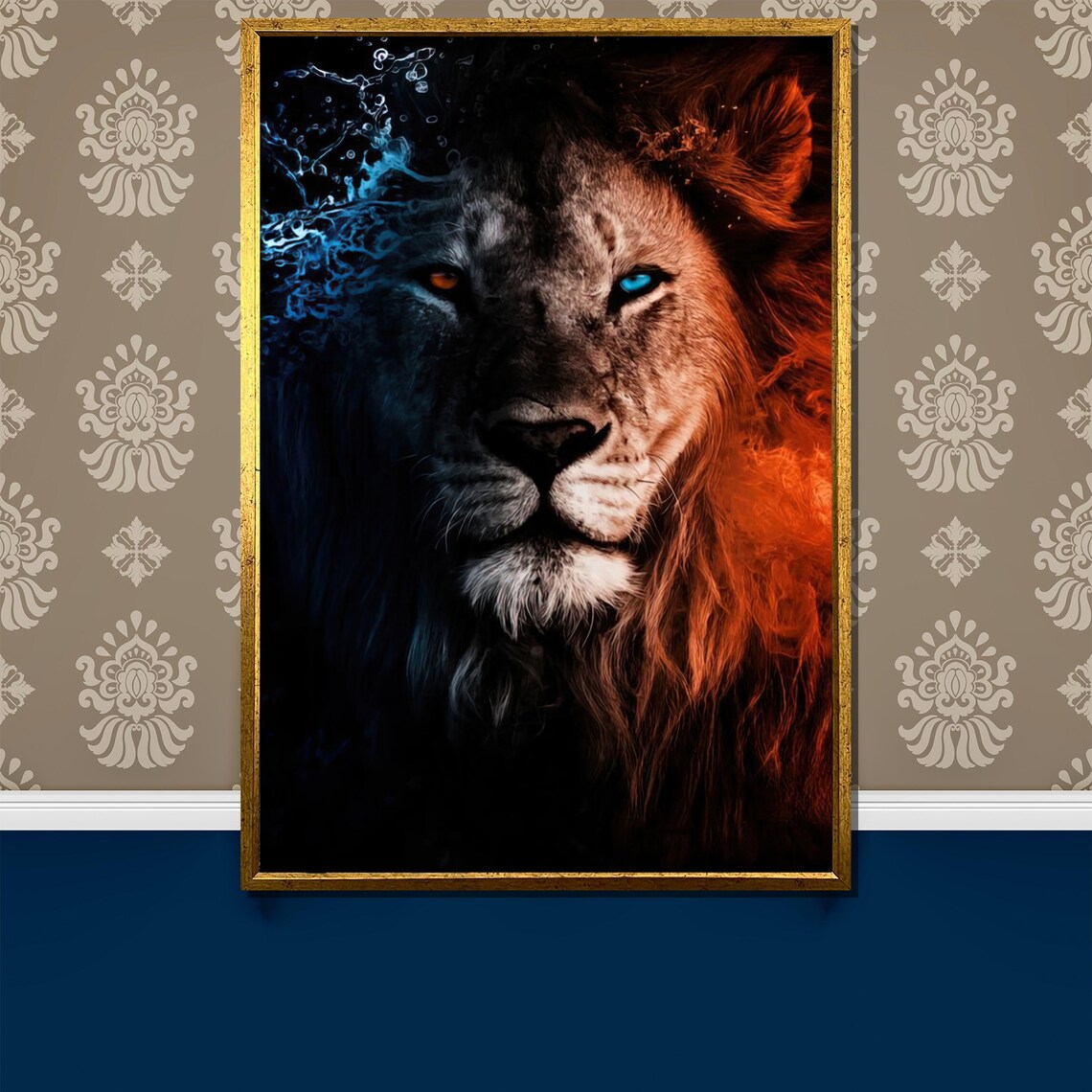 Dual Fire And Water Lion With Striking Blue Eye Portrait Poster