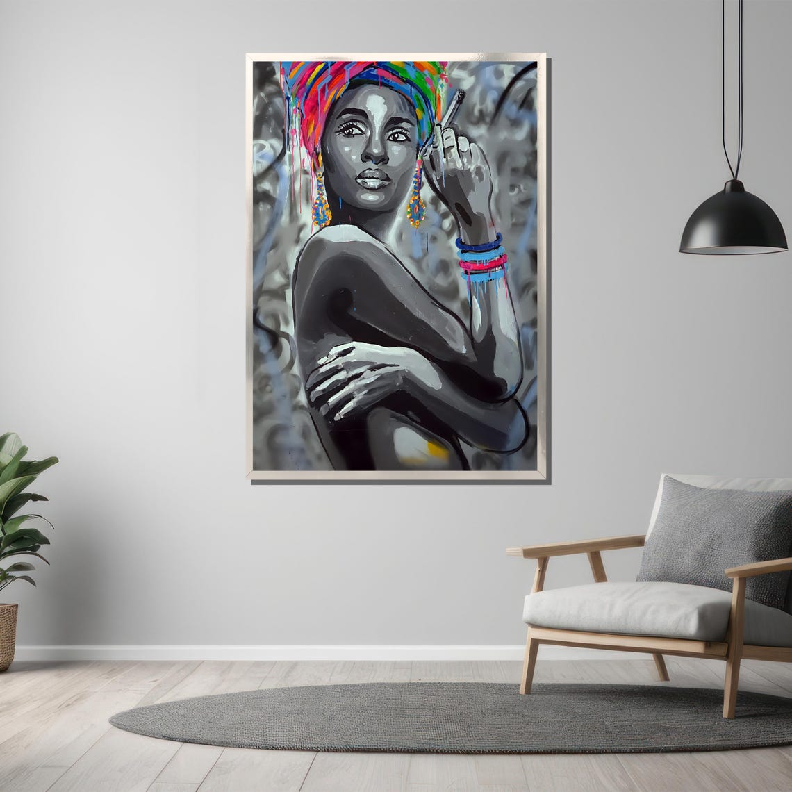 Monochrome Woman With Dripping Rainbow Headwrap Urban Art Poster - Image 3
