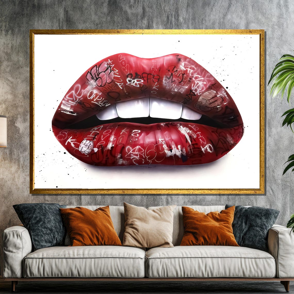Bold Red Lips Covered In Graffiti Tags Street Art Kiss Poster