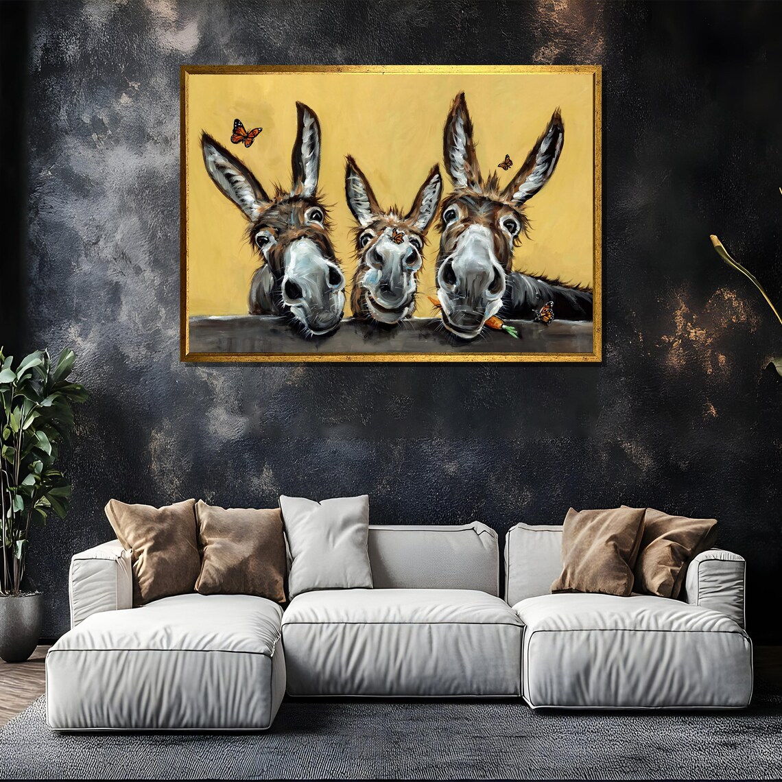 Three Playful Donkeys Peeking Over Fence Funny Animal Art Poster - Image 5
