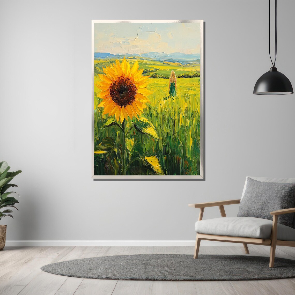Sunflower Field Landscape With Woman Walking Summer Art Poster - Image 3