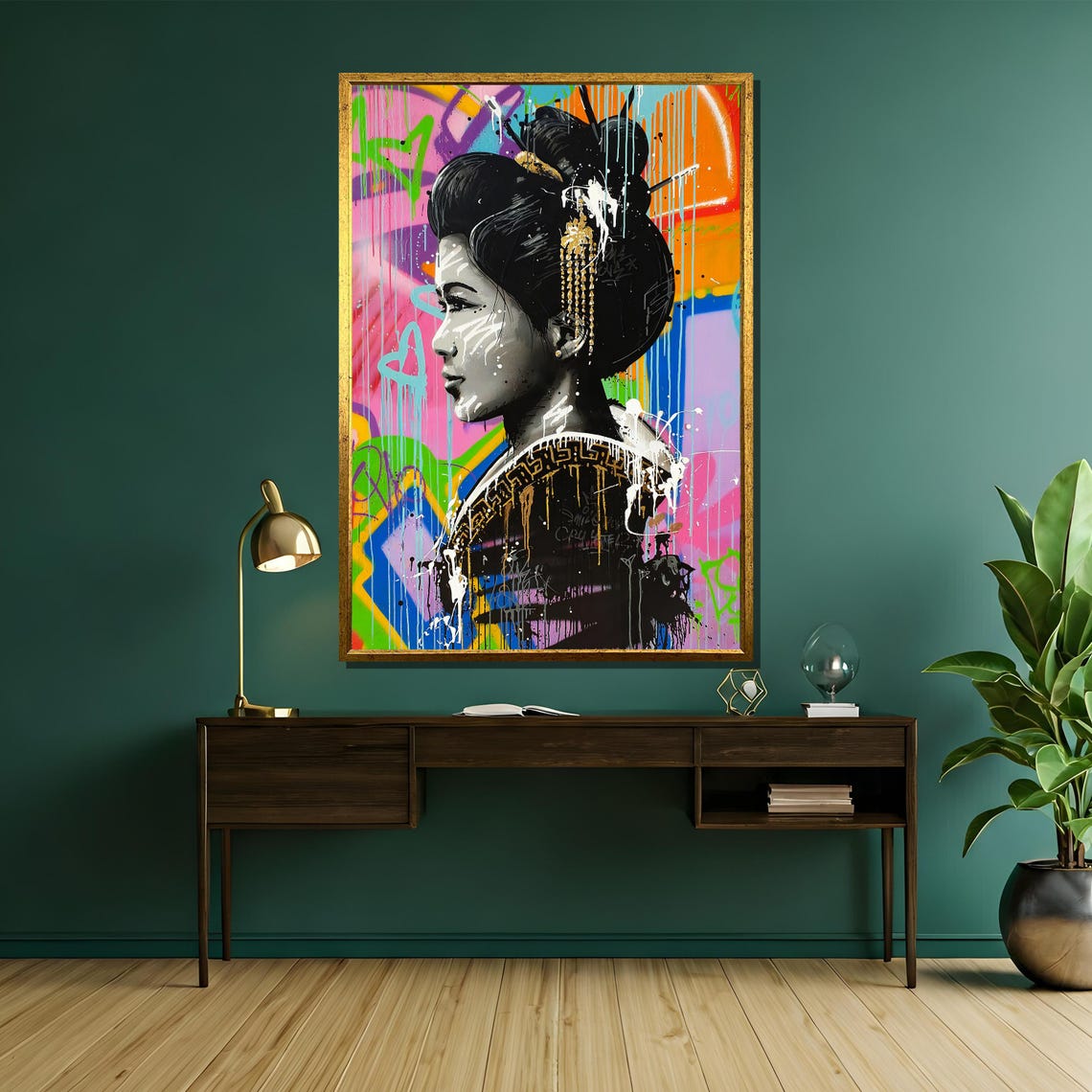 Geisha Portrait Black White Face On Colorful Graffiti Poster - Image 5