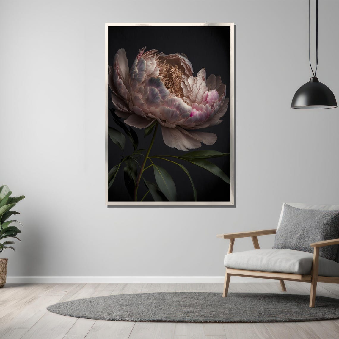 Soft Blush Pink Peony Bloom on a Velvet Black Floral Art Poster - Image 3