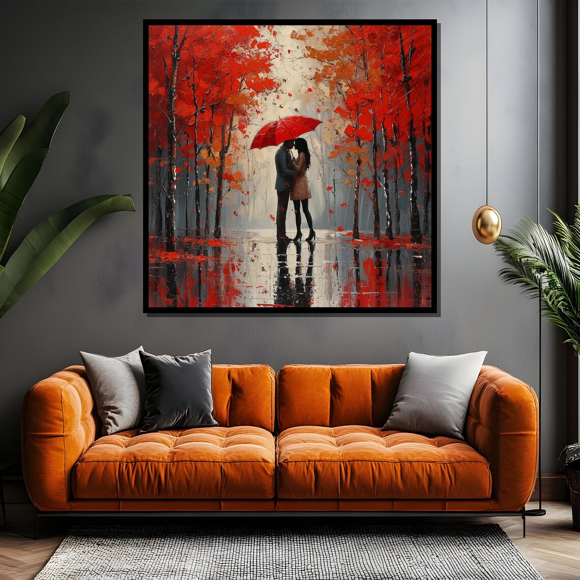 Couple Kissing Under Red Umbrella In Red Autumn Forest Poster - Image 4