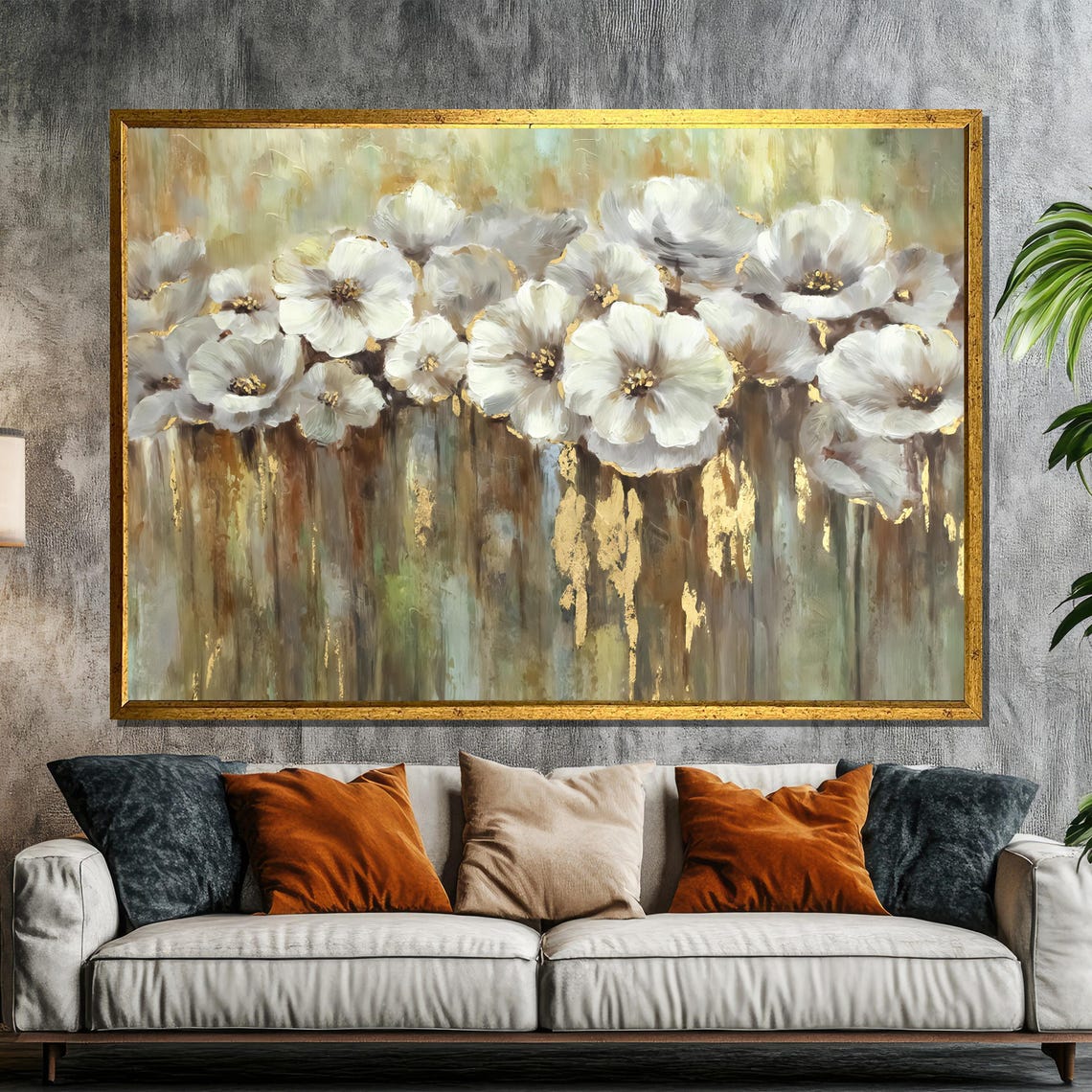 White Flowers With Gold Accents Abstract Green Gold Art Poster