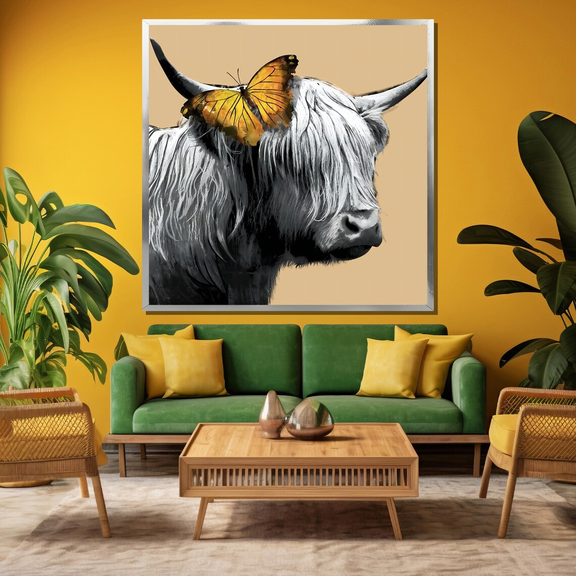 Highland Cow With Butterfly, Animal Wall Art Print - Image 3