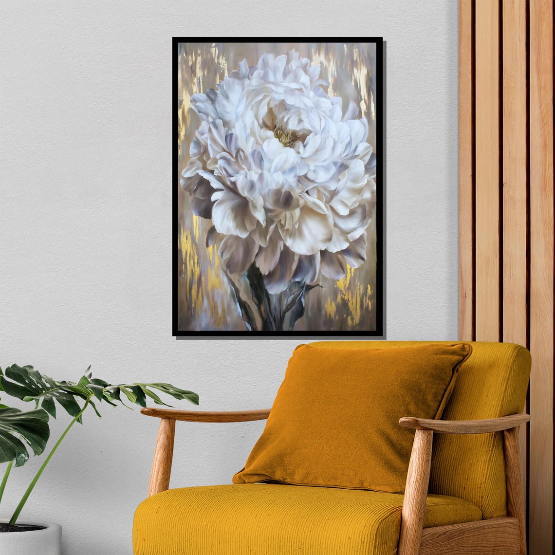 White Peony Bloom with a Gold Accent Background Floral Poster - Image 4