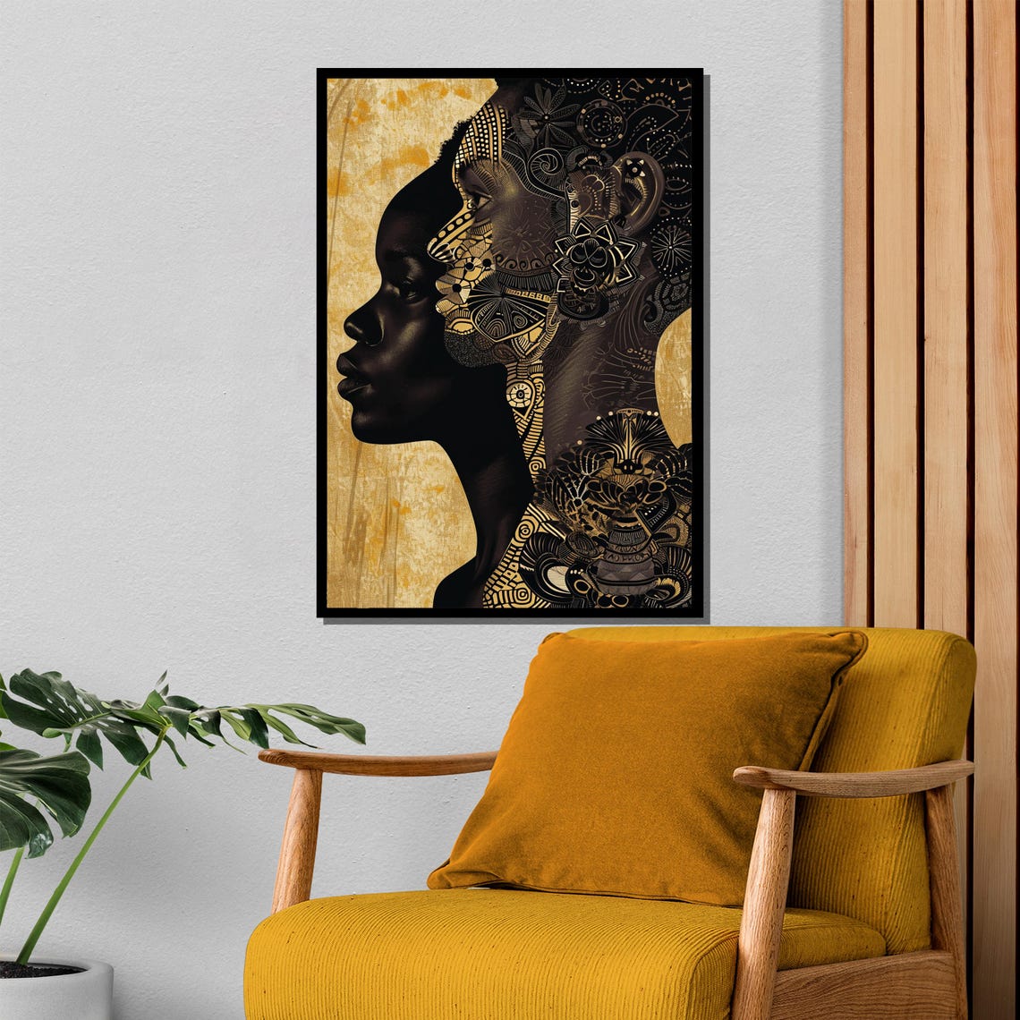Black And Gold Afro Profile Tribal Pattern Elegant Art Poster - Image 4