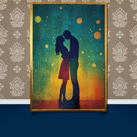 Romantic Silhouette Couple Painting Starry Night Background Love Scene Couple Hugging Art Gift Modern Love Wall Decor For Romance