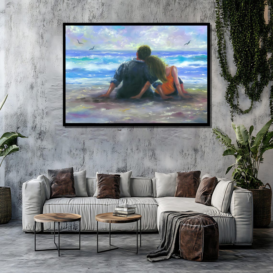 Couple Sitting On The Beach Watching Ocean Waves And Seagulls Poster - Image 4