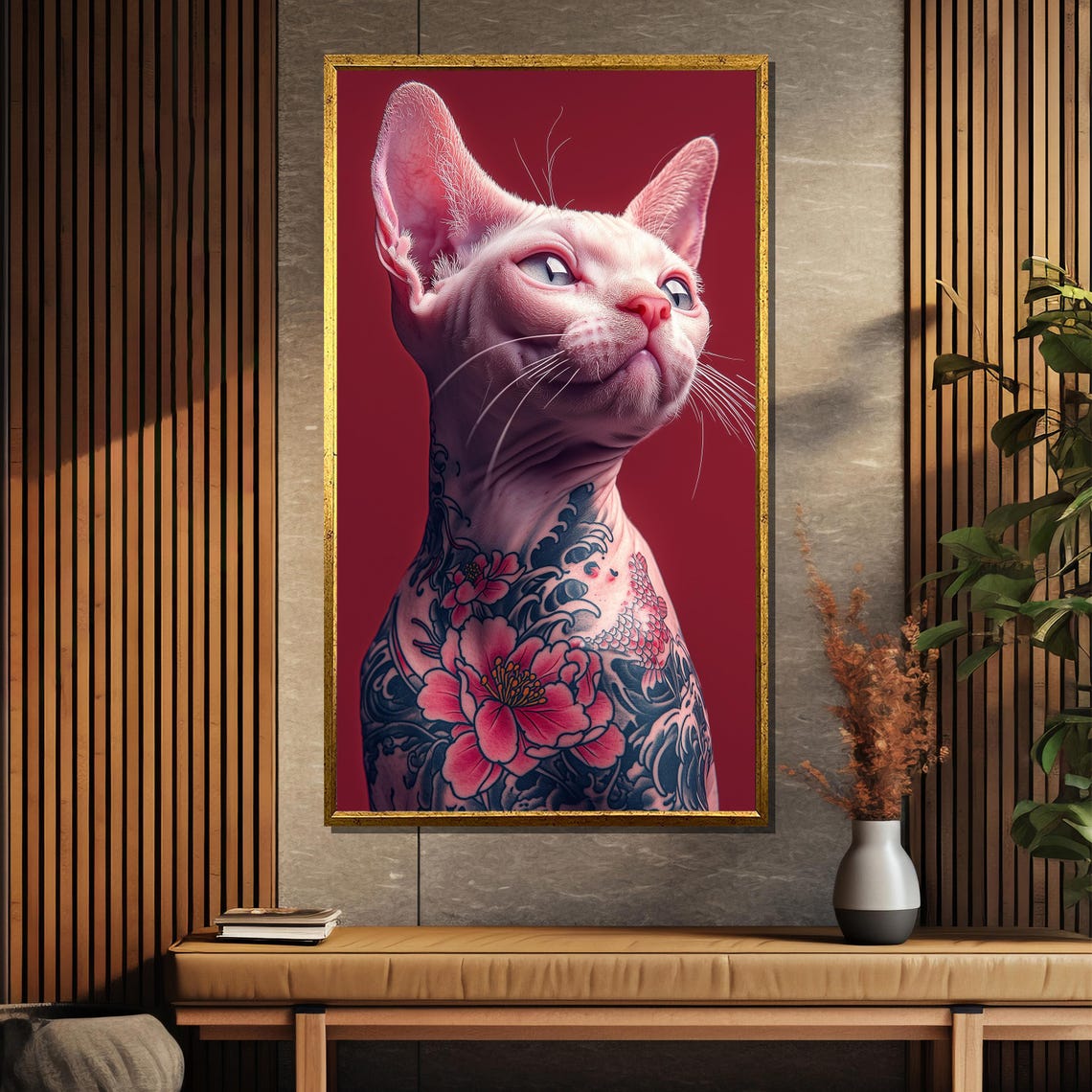 Tattooed Sphynx Cat Painting Unique Albino Feline Art Bold Modern Wall Decor Gift - Image 5