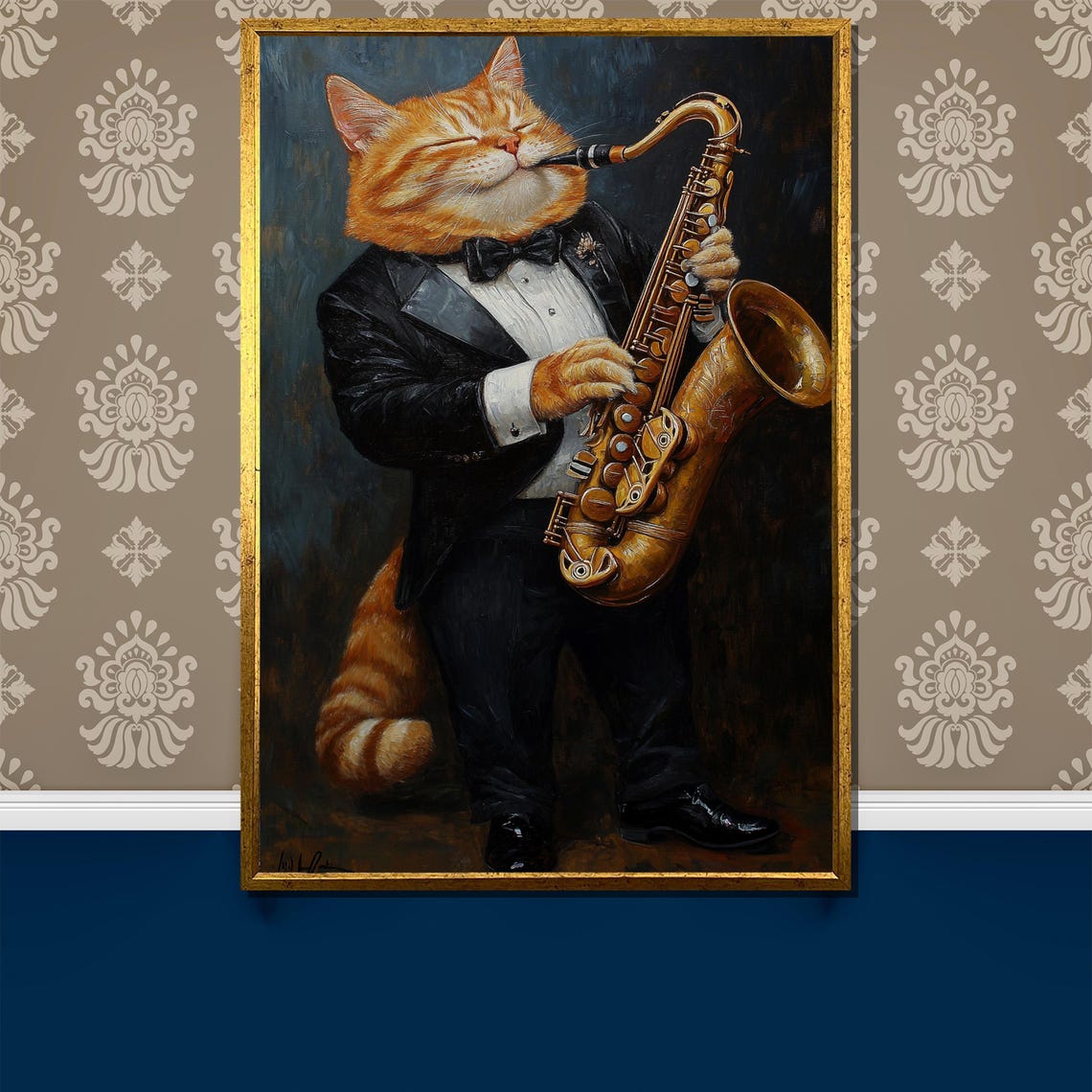 Ginger Cat in a Tuxedo Playing a Golden Saxophone Jazz Poster