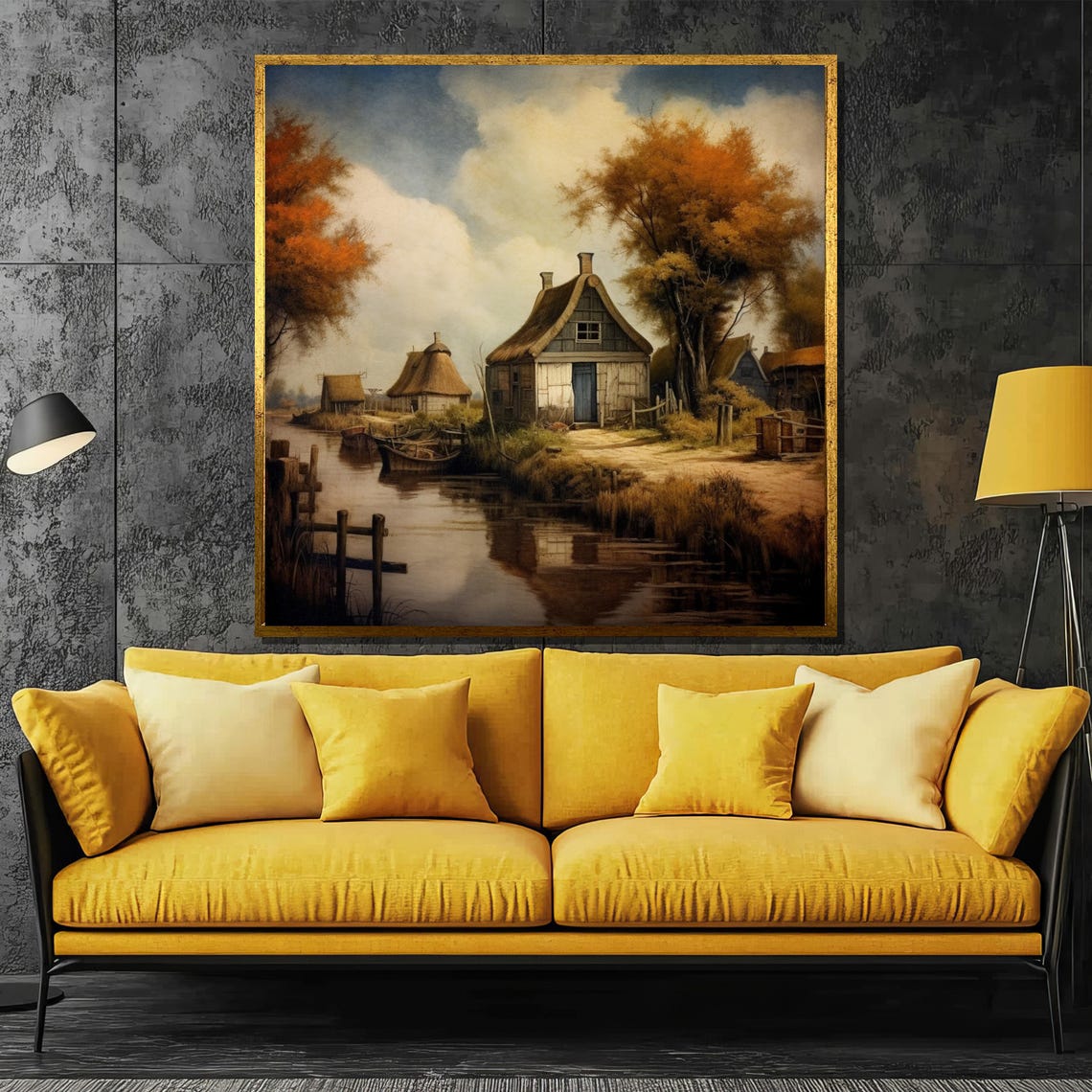 Rustic Thatched Cottage Canal Painting Autumn Countryside Poster