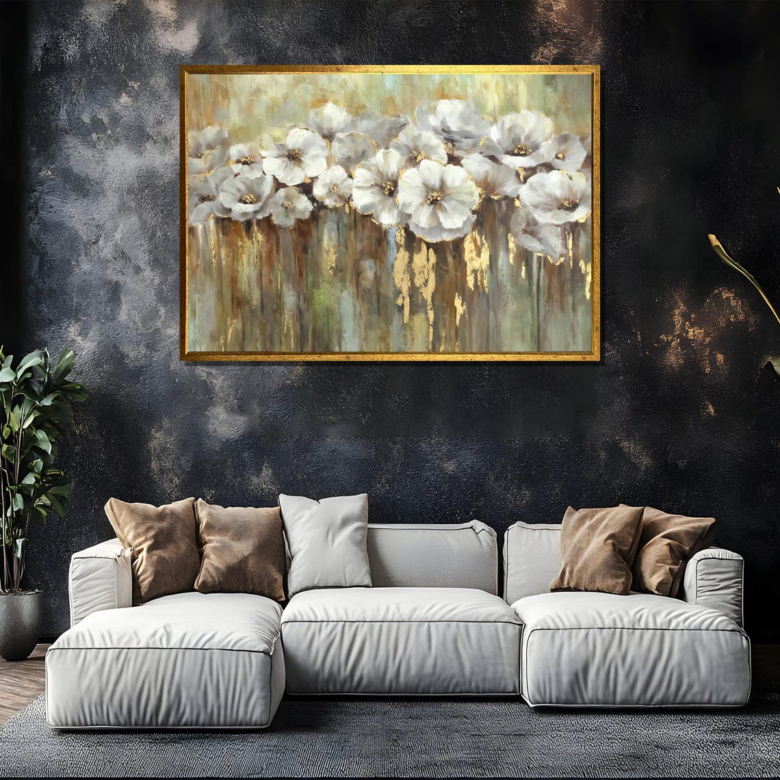 White Flowers With Gold Accents Abstract Green Gold Art Poster - Image 5