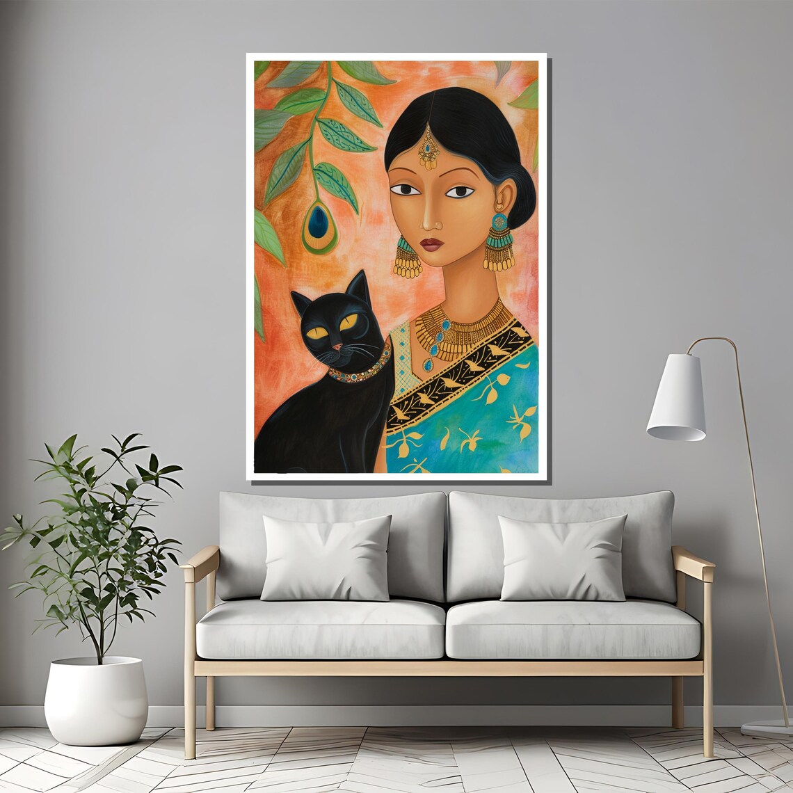 Graceful Indian Woman With Black Cat And Peacock Feather Art Poster - Image 2