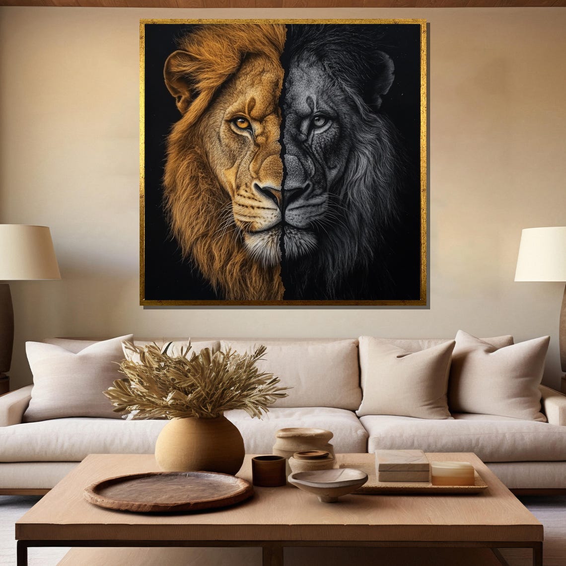 Lion Face Split Half Color Half Black and White Duality Poster - Image 5
