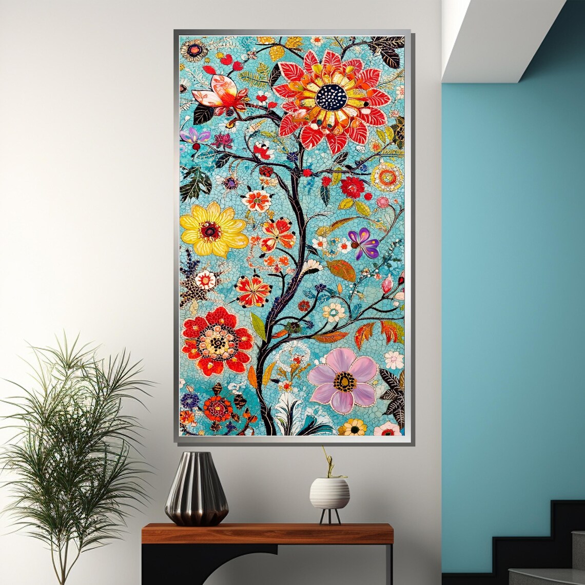 Colorful Floral Tree of Life Mosaic Painting on Turquoise Art Poster - Image 3
