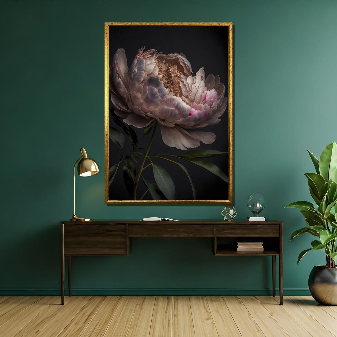 Soft Blush Pink Peony Bloom on a Velvet Black Floral Art Poster - Image 5