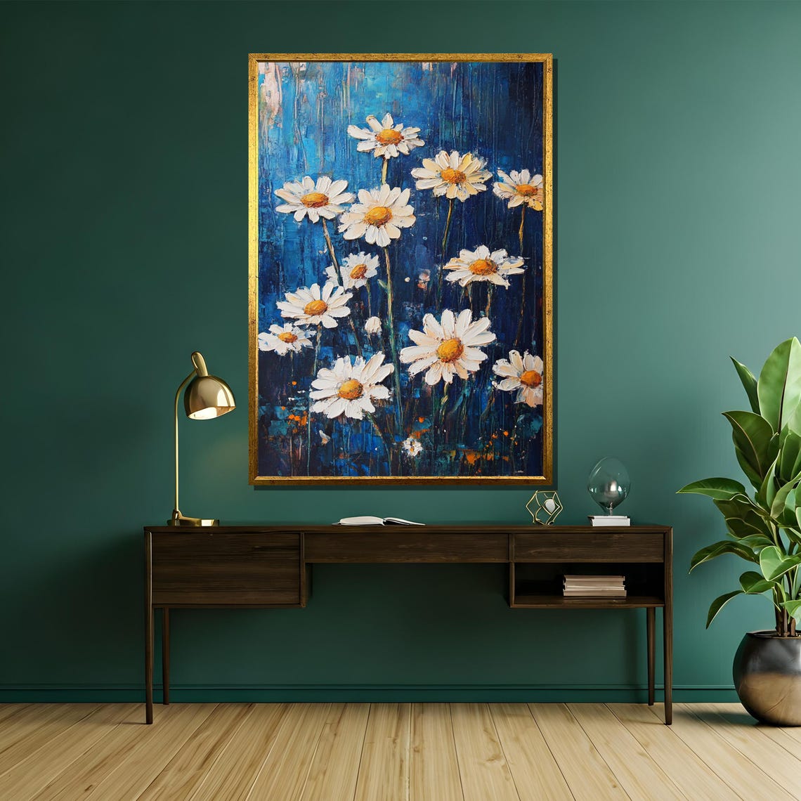 White Daisies on a Dark Blue Impasto Textured Floral Painting Poster - Image 5