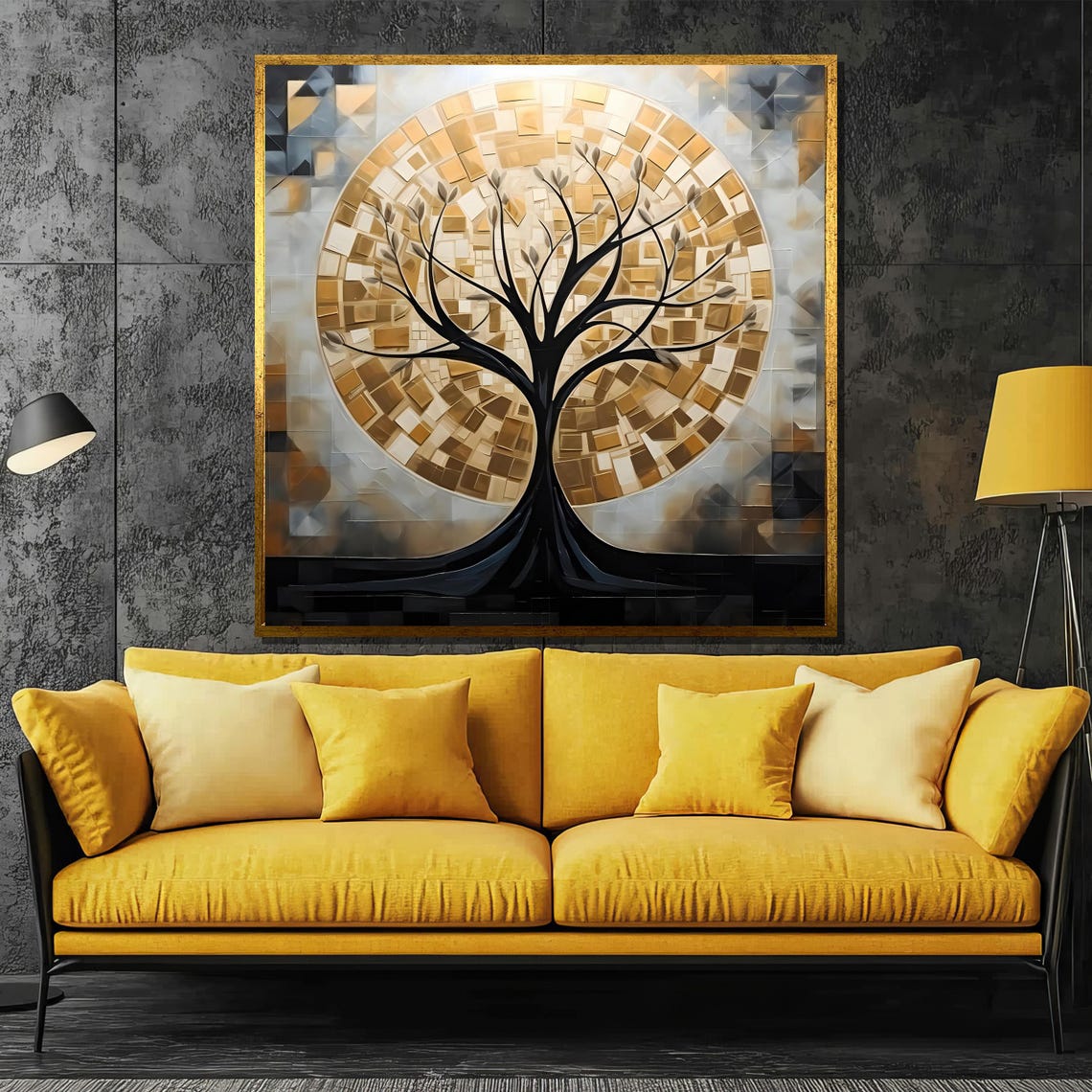 Black Tree Silhouette With Golden Mosaic Moon Circle Art Poster