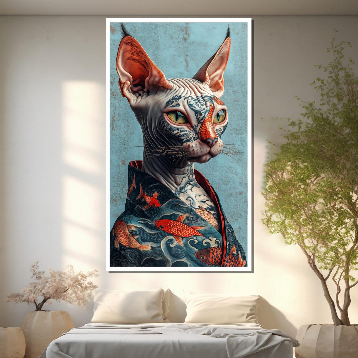 Inked Elegance Tattooed Sphynx Cat in Koi Fish Kimono Art Poster - Image 2
