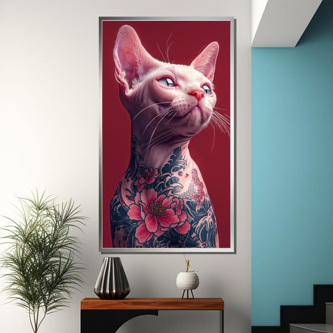 Tattooed Sphynx Cat Pink Portrait Bold Red Background Art Poster - Image 3