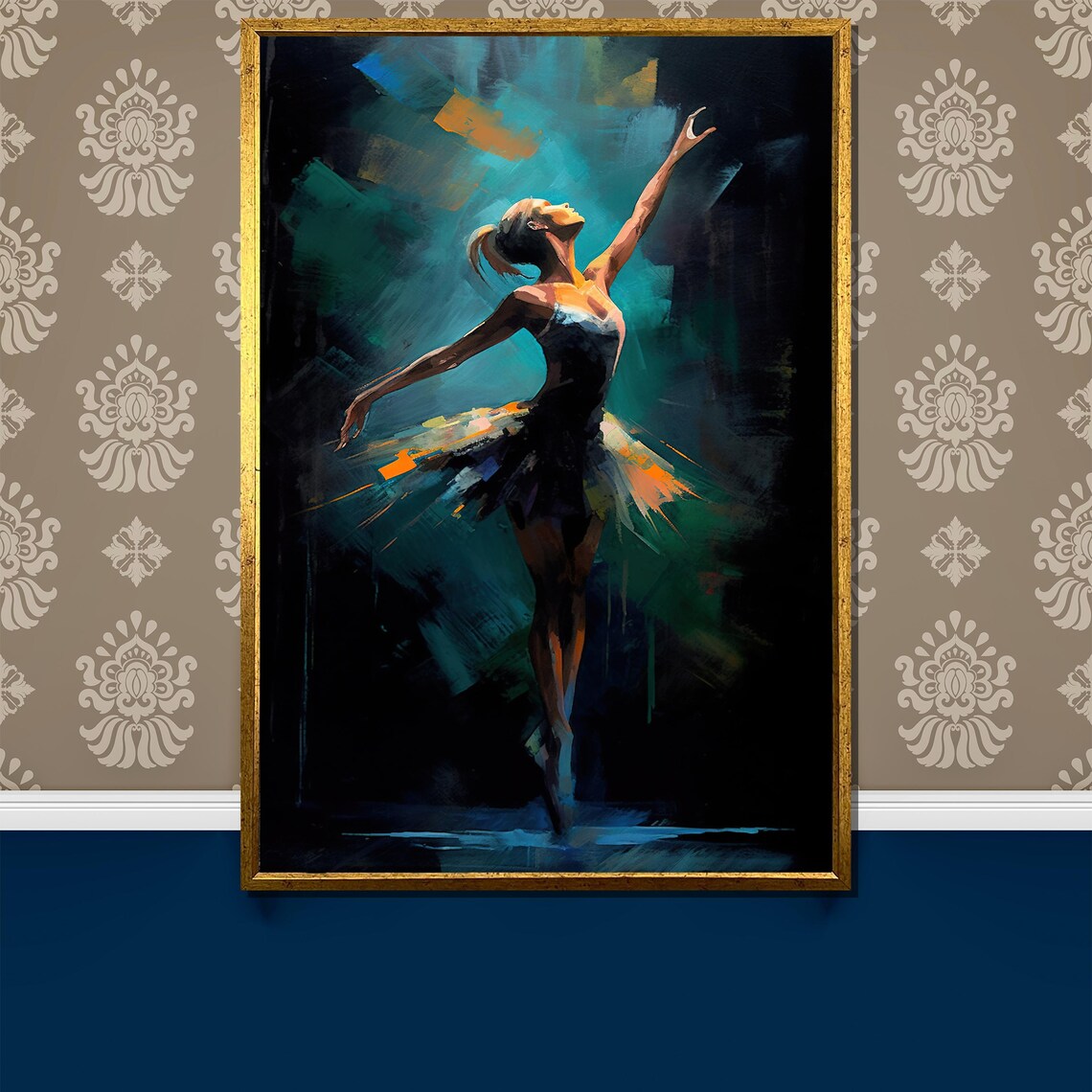 Ballerina in Glowing Tutu Reaching Up Teal Light Painting Poster