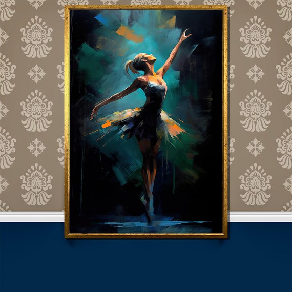 Ballerina in Glowing Tutu Reaching Up Teal Light Painting Poster