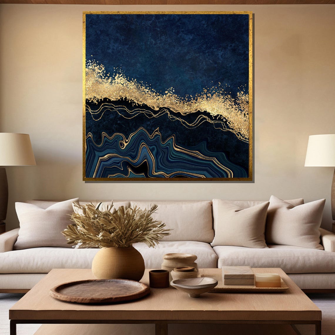 Navy Blue Gold Agate Waves Glitter Band Modern Abstract Poster