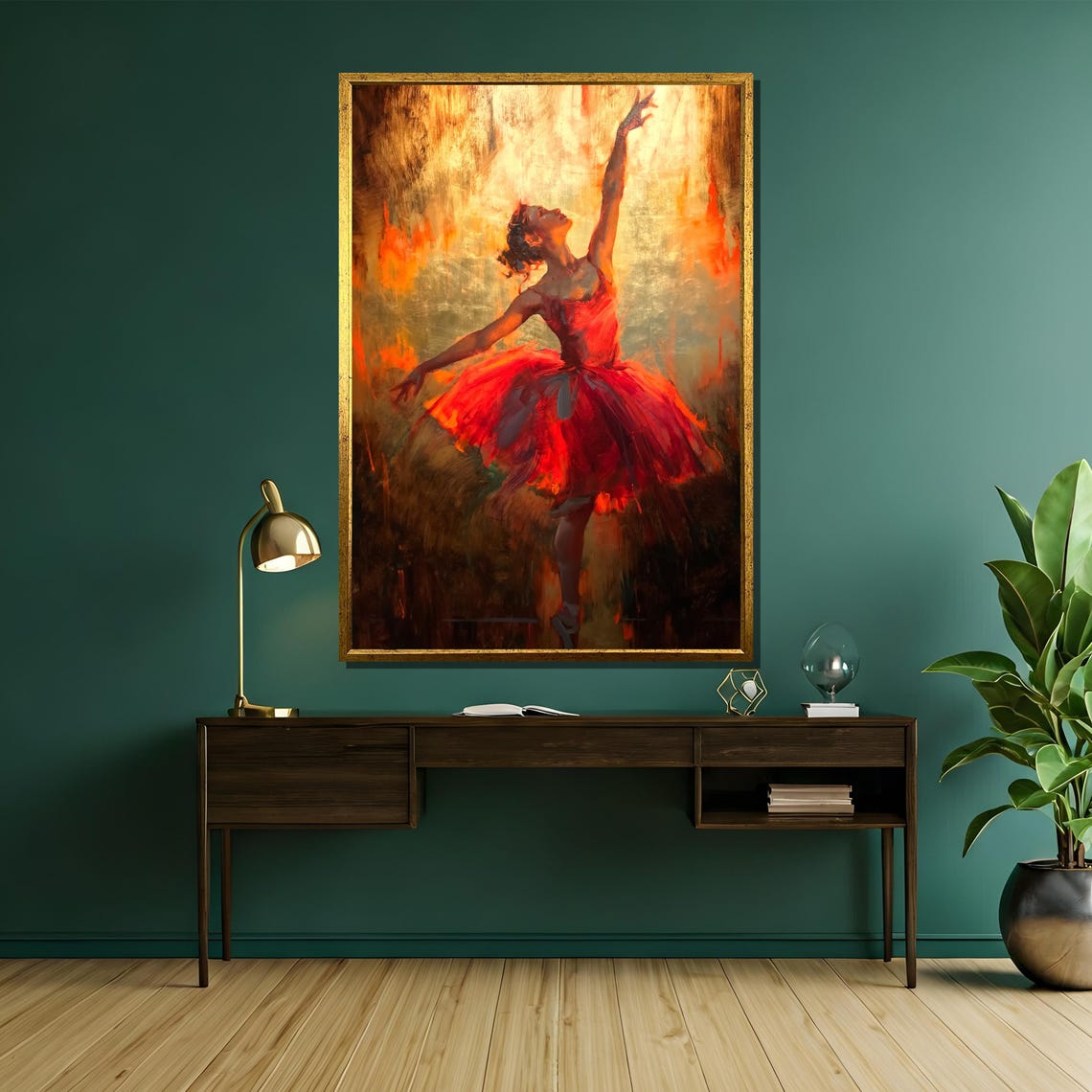 Glowing Red Ballerina in Golden Light Radiant Dance Art Poster - Image 5