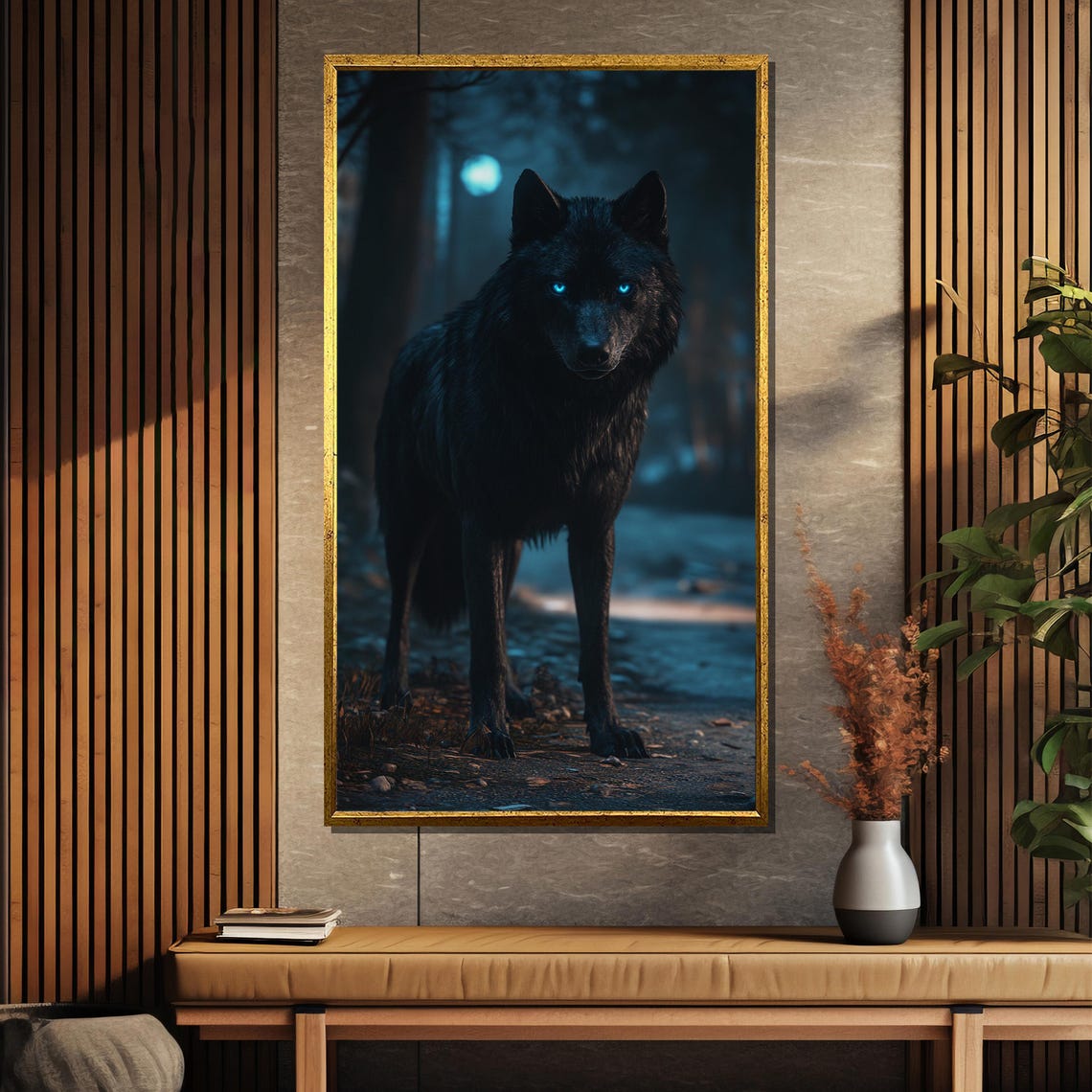Midnight Howl Black Wolf With Glowing Blue Eyes in Dark Woods Poster - Image 5