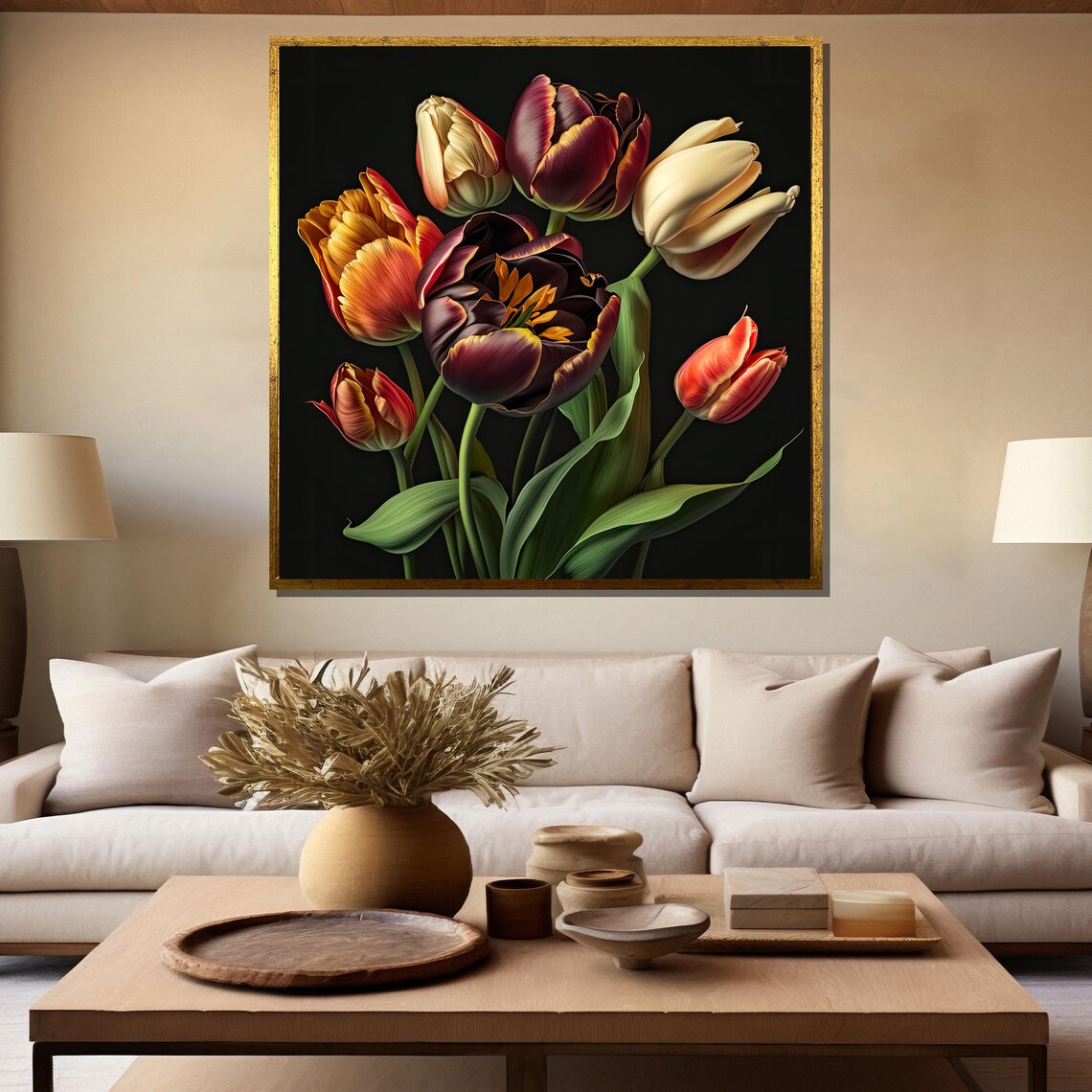 Dark Moody Tulips Bouquet On Black Background Floral Art Poster - Image 5