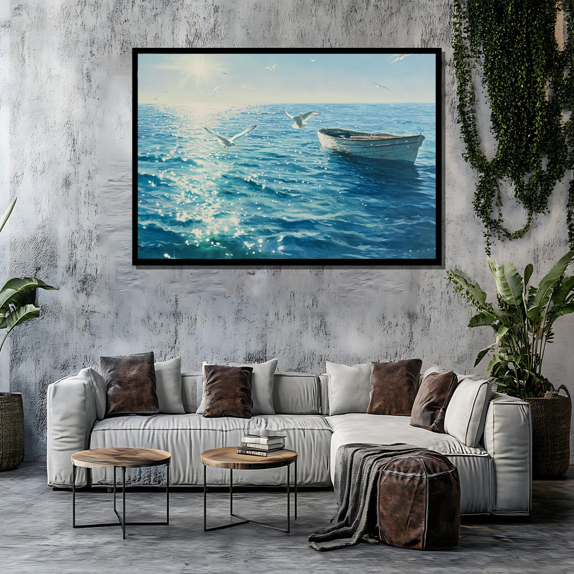 Rowboat and Seagulls on Sparkling Sunlit Blue Ocean Painting Poster - Image 4