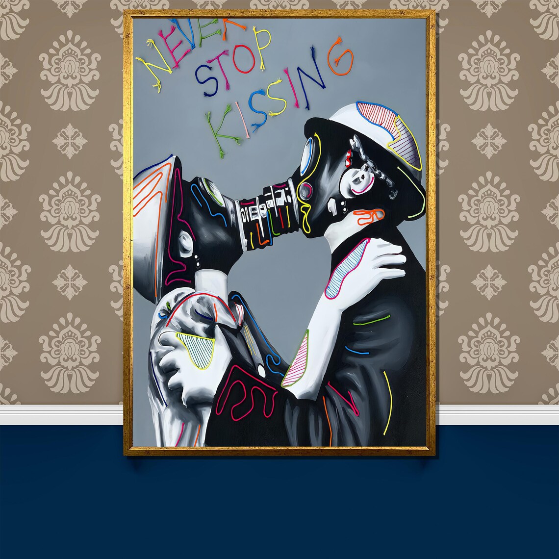 Never Stop Kissing Gas Mask Lovers Bold Neon Line Art Poster
