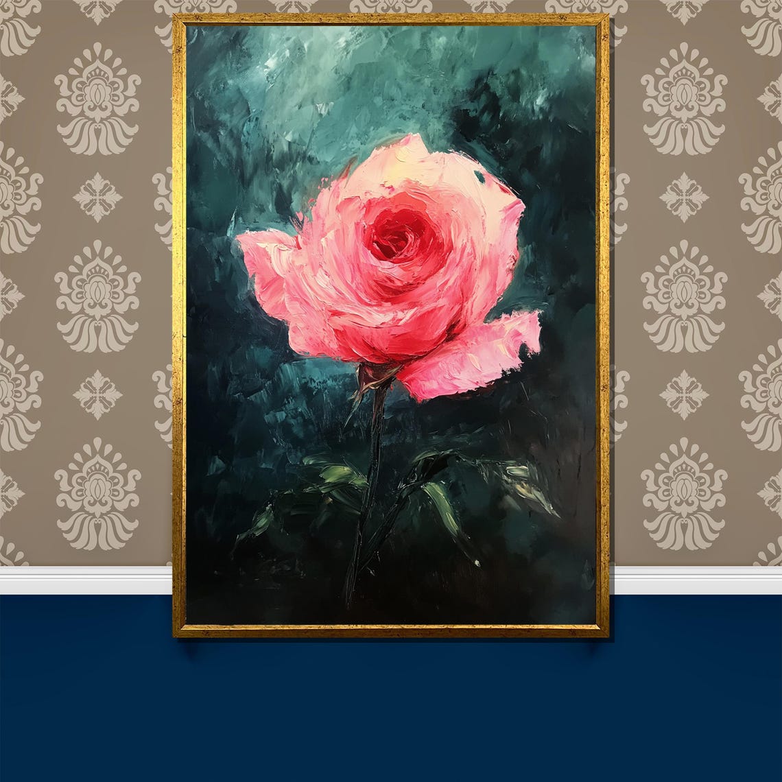 Romantic Pink Rose Impressionist Style Dark Green Floral Poster