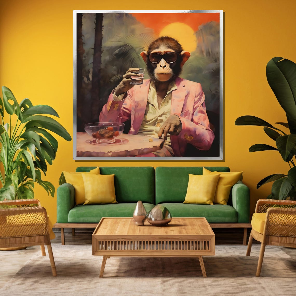 Monkey in Pink Suit and Sunglasses Drinking at Sunset Poster - Image 3
