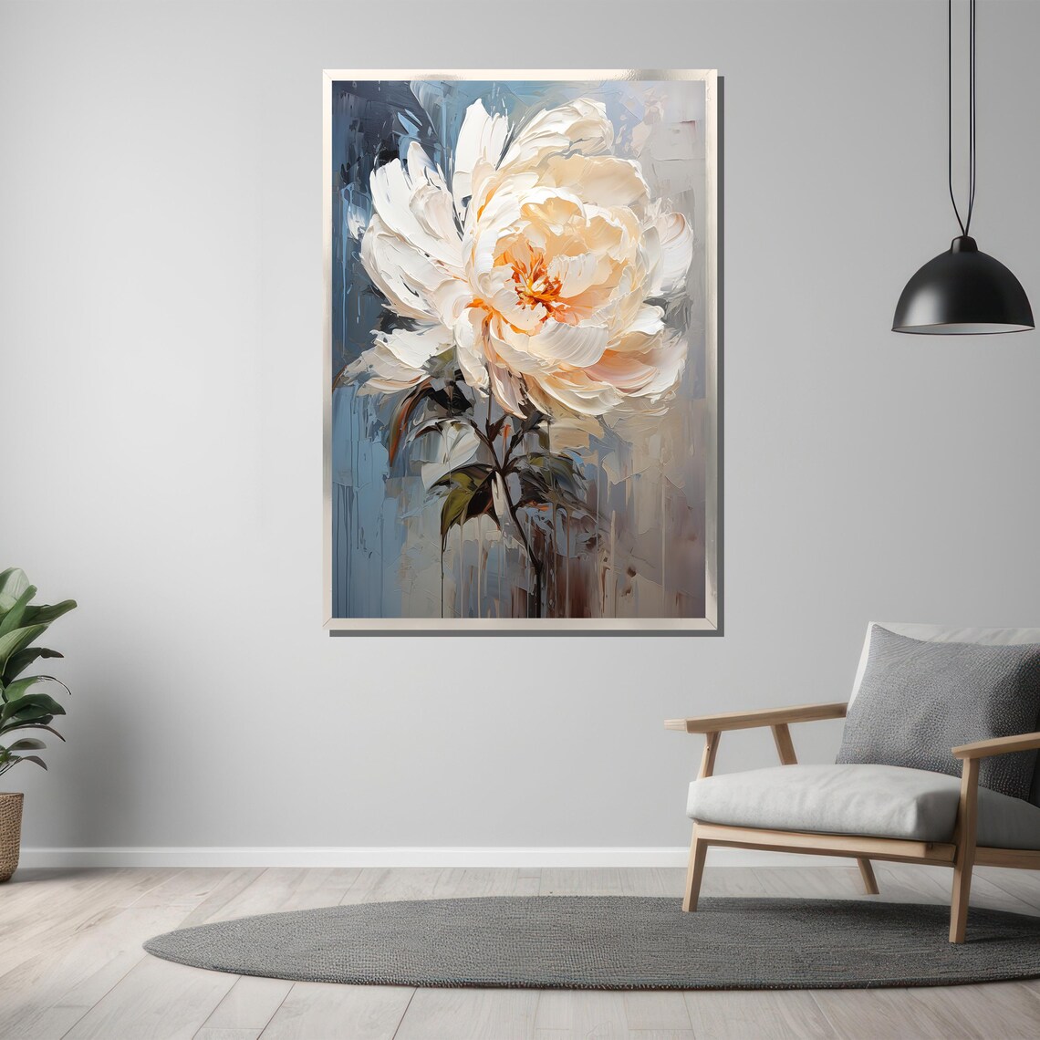 White Peony Warm Peach Center Blue Gray Floral Painting Poster - Image 3