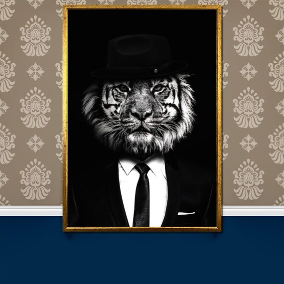 Tiger in Fedora Suit Black and White Funny Animal Portrait Poster