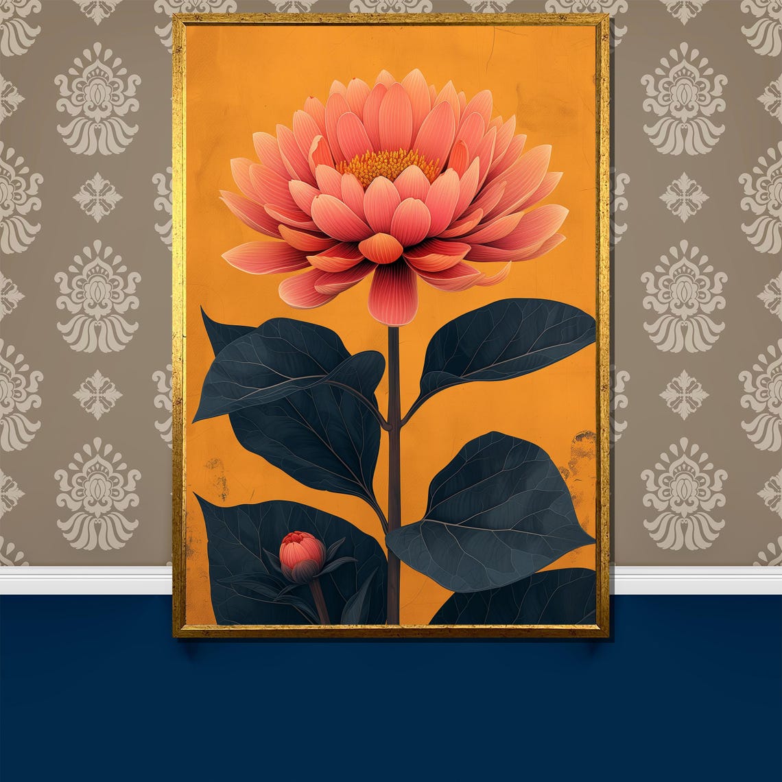 Coral Bloom with Dark Leaves on an Orange Botanical Art Poster