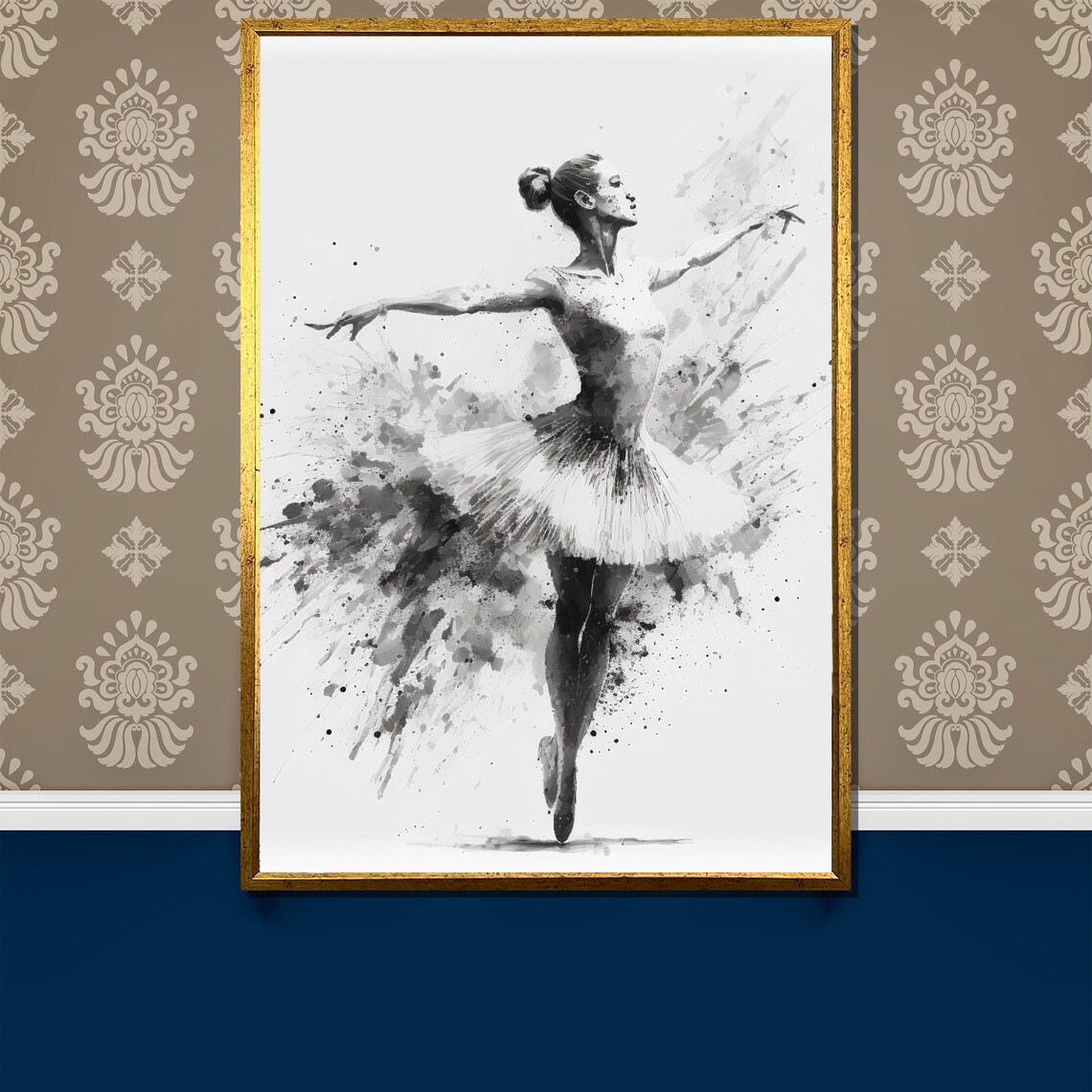 Black and White Watercolor Ballerina Ink Splash Sketch Poster