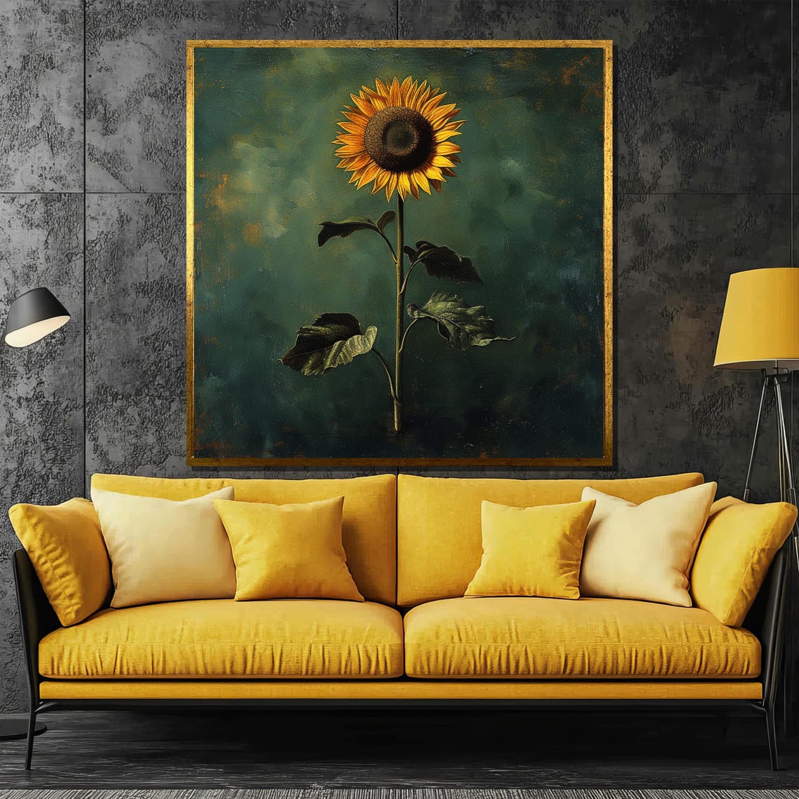 Single Sunflower On Deep Green Vintage Style Botanical Floral Poster