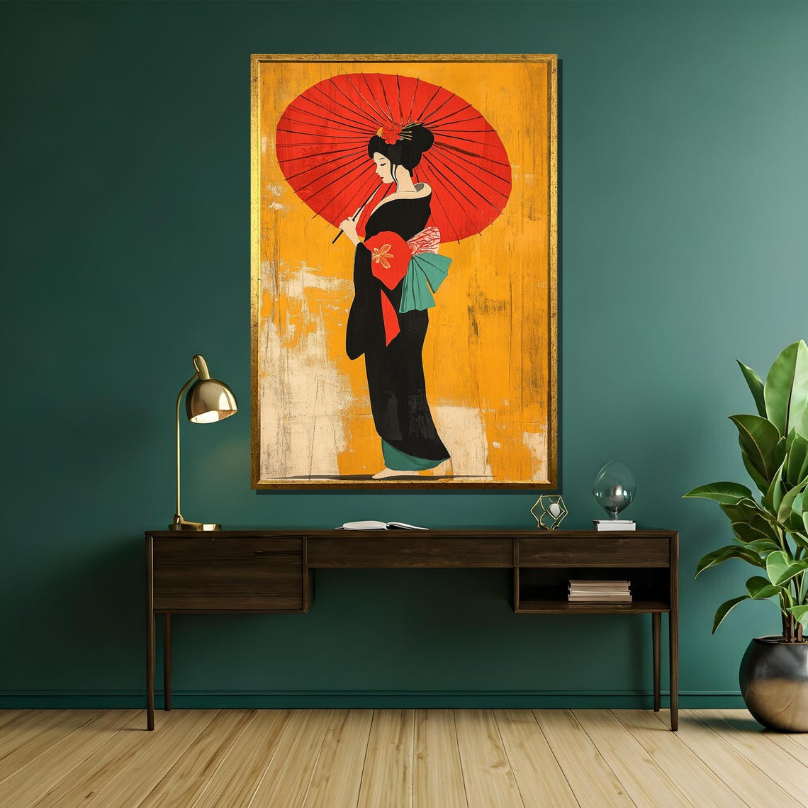Vintage Geisha With Red Parasol On Ochre Japanese Art Poster - Image 5