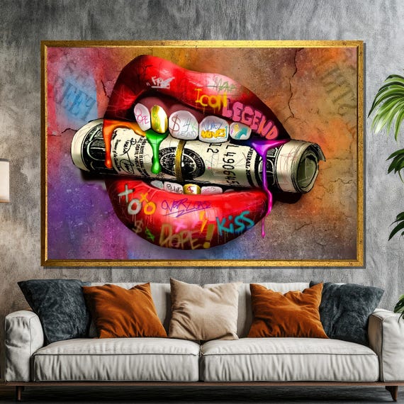 Graffiti Money Lips Painting Bold Pop Art For Trendy Home Decor Unique Gift Idea For Urban Art Lovers And Fashion Enthusiasts