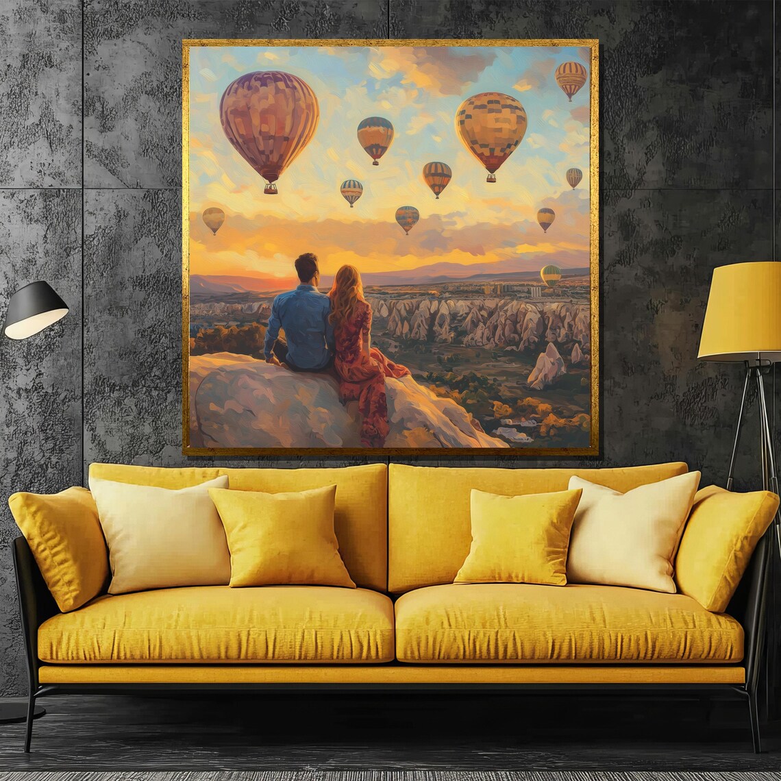 Couple Watching Hot Air Balloons Cappadocia Sunset Art Poster