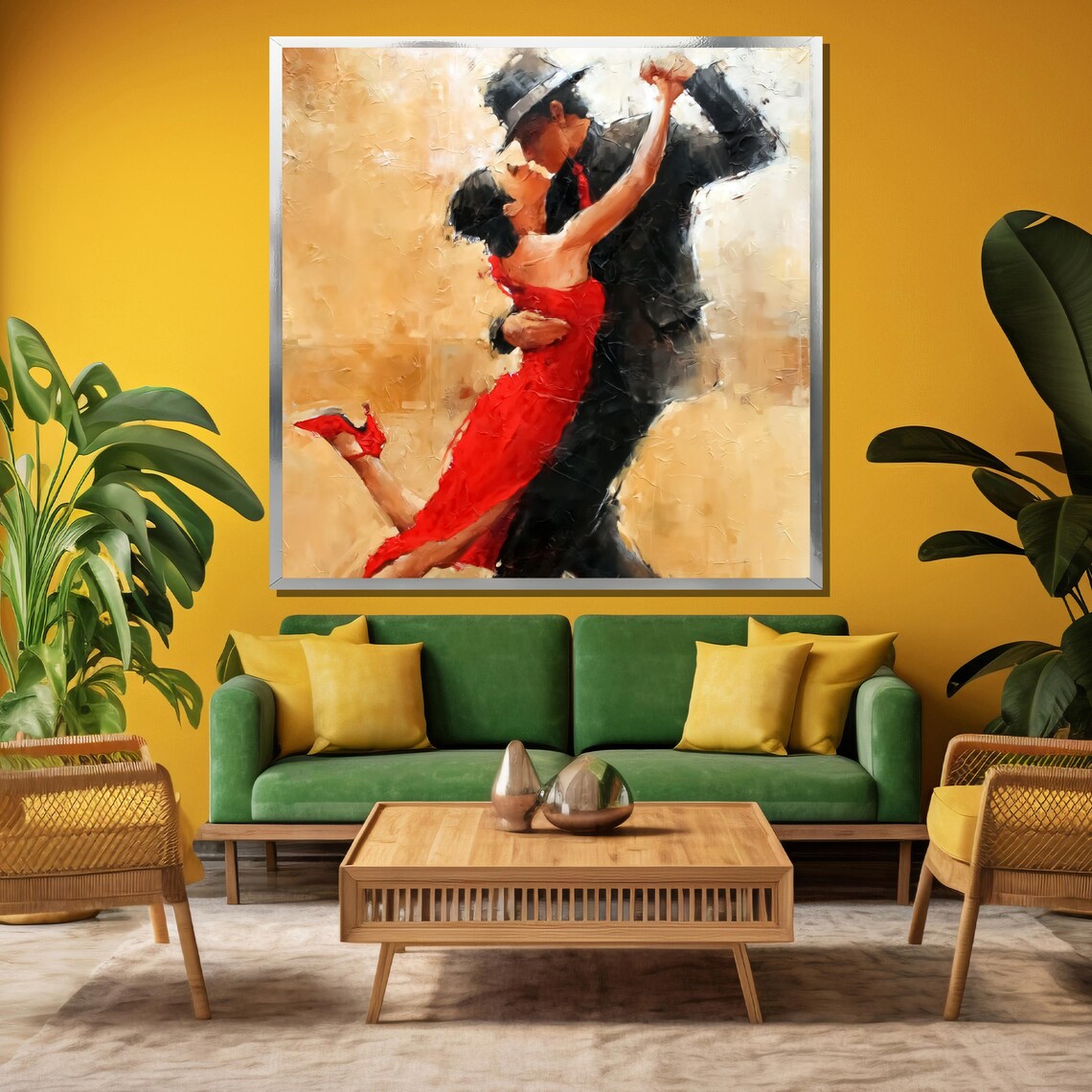 Passionate Tango Couple Red Dress Golden Glow Oil Art Poster - Image 3