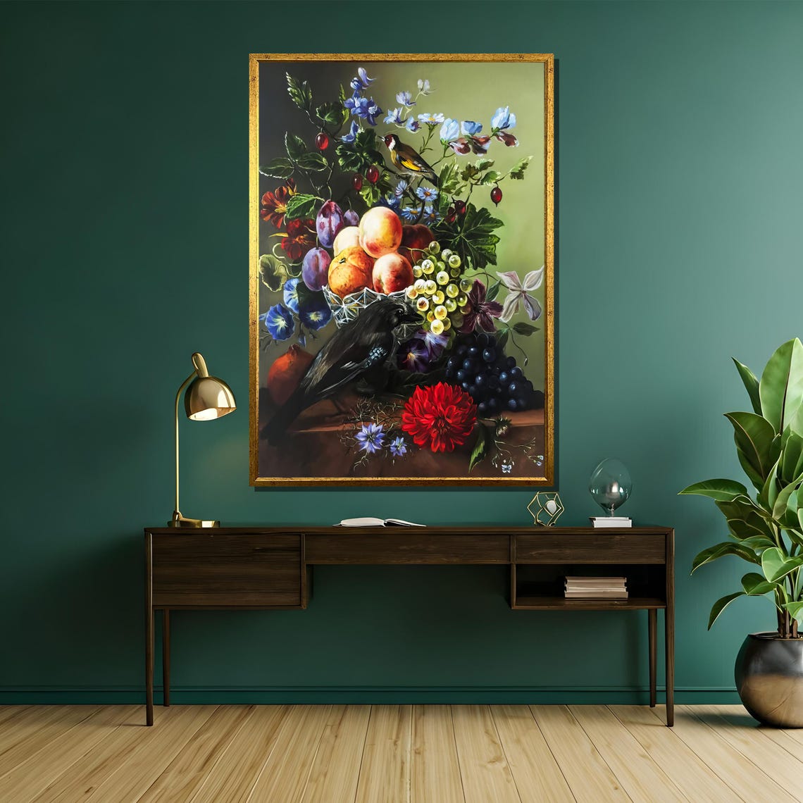 Classical Still Life Fruit Bowl with Birds and Dahlia Poster - Image 5