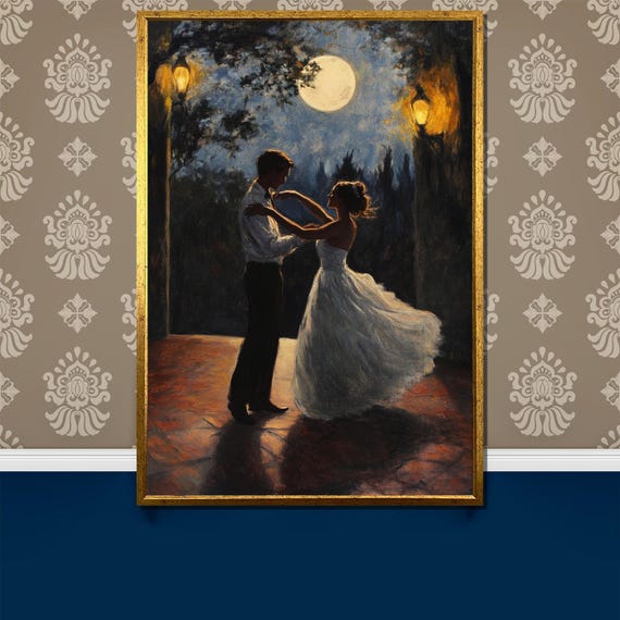 Moonlit Dance Painting Enchanting Romantic Night Scene Of Couple Waltzing Perfect Wall Art And Gift For Weddings Or Lovers Moments